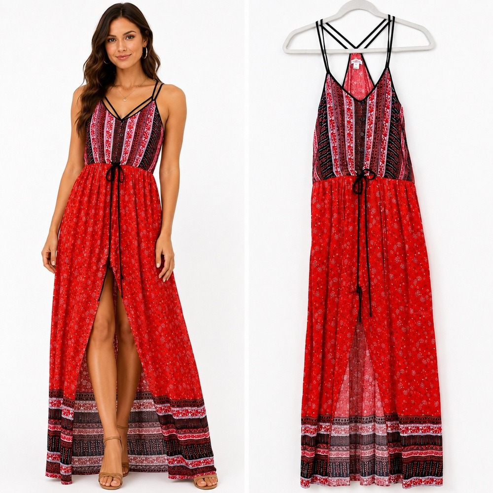 Xhilaration Boho Mixed Print Strappy Racerback Maxi Dress Sz S Festival